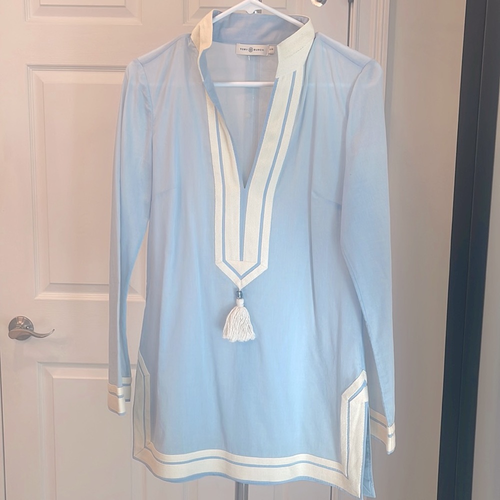 Tory Burch, caftan and cover-up. Size: XS. Color: light blue.